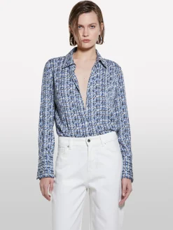 Camicia blu in satin stampato
